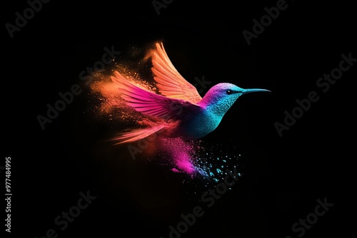 Birds. Dispersion, splatter effect on black background.