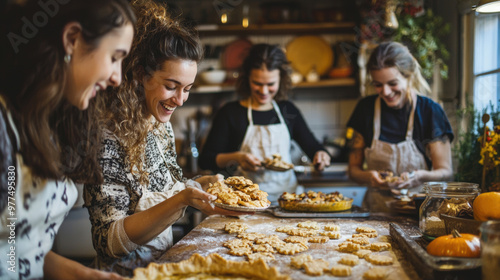 Joyful friends baking Thanksgiving pies together in cozy kitchen, sharing laughter and delicious moments. atmosphere is filled with warmth and creativity as they prepare festive treats