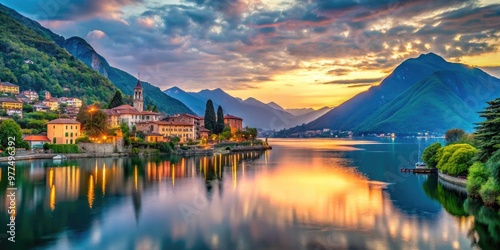 Serene dawn breaks over Lake Como's tranquil waters, surrounded by lush greenery and majestic mountains, in Italy's picturesque northern lakes region.