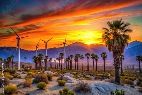 Serene sunset over the San Gorgonio Pass, with wind turbines and palm trees silhouetted against a vibrant orange and pink desert landscape backdrop.