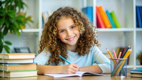 Smiling pre-teen girl with curly brown hair and bright blue eyes sits at a desk, surrounded by textbooks and notebooks, with a pencil in hand.