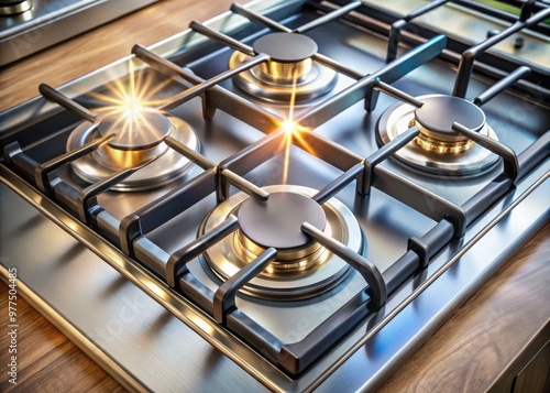 Sparkling clean gas stove burner surrounded by gleaming metal grates and a spotless cooktop, freshly scrubbed to a shine with soap and elbow grease.