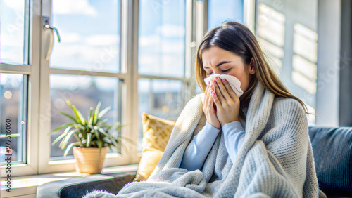 Young woman blowing nose while sitting on couch with a tissue during cold or flu