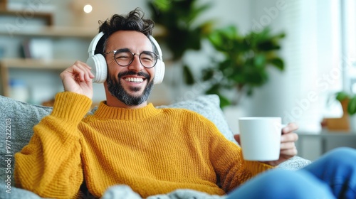 A bearded man wearing glasses and headphones is seated on a couch, holding a coffee mug and smiling widely in a cozy modern home setting.