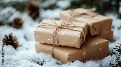 Beautifully wrapped gifts are nestled in snow, surrounded by pinecones and winter greenery