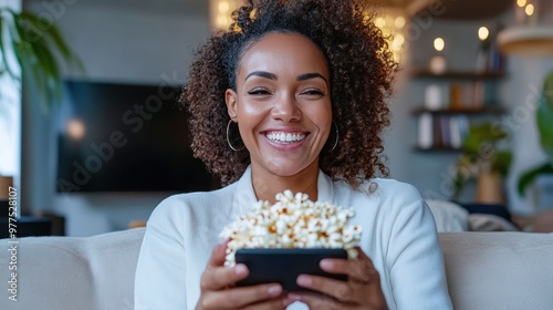 Excited woman with curly hair grips a phone and a full bowl of popcorn, as she sits perched with a genuine smile on a cozy sofa, embracing a moment of leisure.