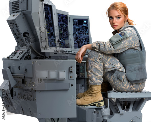 PNG Transparent Image of a female soldier in combat gear sitting at a military command console, focused on critical operations.