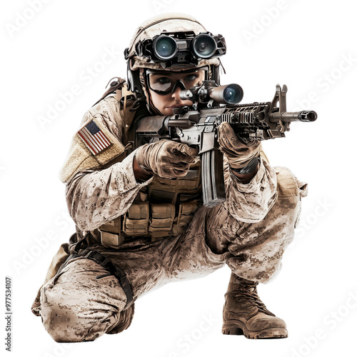 PNG Transparent Image of a tactical soldier in combat gear, crouching while aiming a rifle with precision in a ready stance.