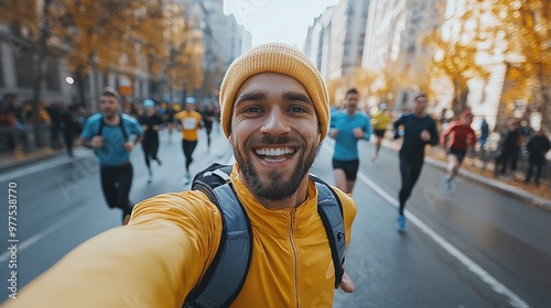 scene of an athlete taking a selfie during a marathon showcasing the dynamic action, fitness competition, and energetic spirit of the running event