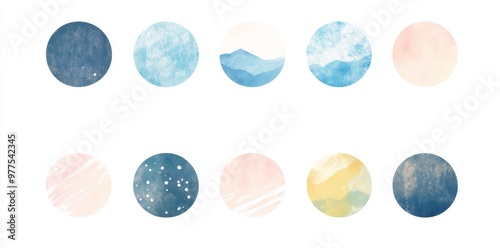 A set of abstract watercolor circles and splashes. Modern illustration using blue and white colors.