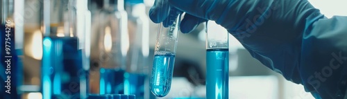 A person is holding a blue test tube with a blue liquid in it