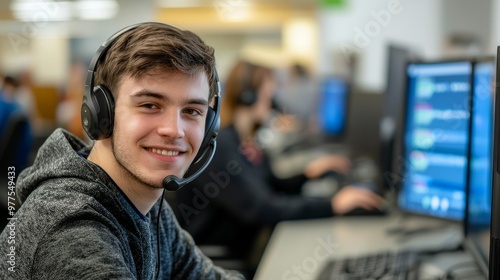 Wearing a headset and working at a computer, young man working in customer service.