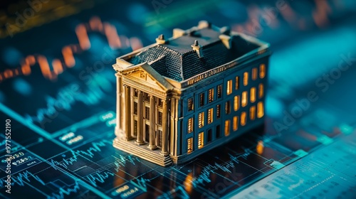 The bank model is illustrated on the table with a stock market background, financial institutions in charge of monetary and fiscal policy, and interest rate setting institutions