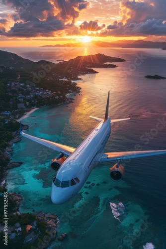 Jet passenger airplane flying over a tropical island. The airliner makes a landing on exotic islands in the warm ocean, vacation travel concept