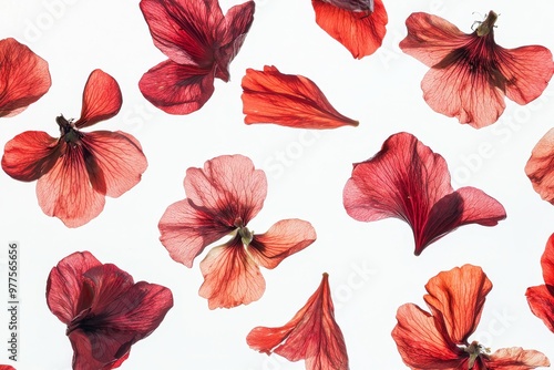 Falling flowers with red petals in the air, spring season.