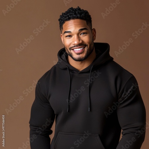 A fashion portrait with a plain hoodie mockup created using Stock