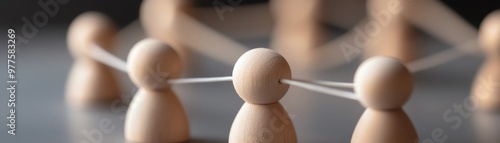 Wooden figures connected by strings symbolize teamwork, connection, networking, and collaboration, representing interpersonal relationships.