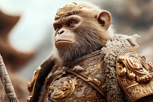 Realistic digital ing of a human-like monkey character in ornate golden armor with detailed embellishments and a decorative headpiece, set against a blurred background.