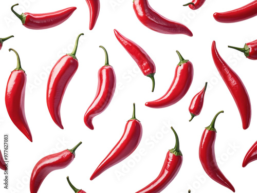 Floating red chili peppers on white background. PNG transparent.