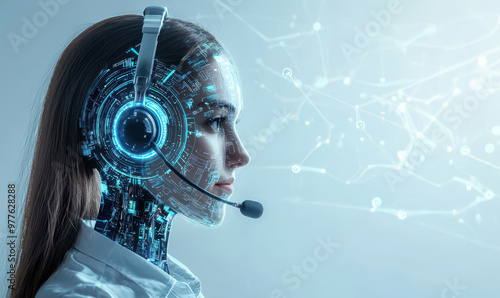 Futuristic woman with a digital headset, blending technology and human interaction, symbolizing innovation in communication, ai call center concept