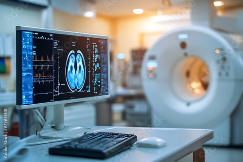 Magnetic resonance imaging scan showing brain activity on computer in hospital laboratory