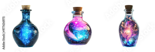 Set of mermaid potion bottle with glowing liquid isolated on a transparent background