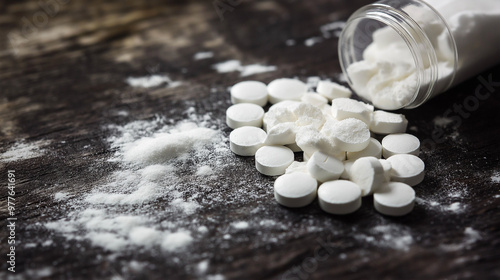 White powder and pills spilling from a jar on a wooden table