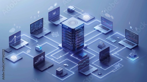 A blue and white isometric vector illustration of an AI server, surrounded by laptops with touch panels connected to it through wireless connections in the cloud. 