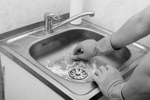 Cleaning kitchen sink from dirt, grease and plaque. Black and white photo. A tedious routine