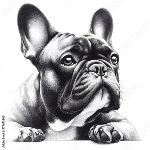 흰 배경, 프렌치 불도그, 펜슬 드로잉 (White background, French bulldog, pencil drawing)