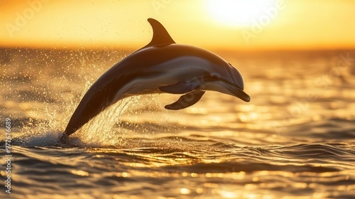 Graceful dolphin leaping out of the ocean, splashing water droplets, golden sunset in the background