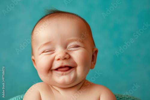 A baby is smiling and laughing, with its mouth wide open