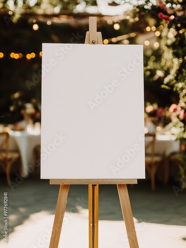 A blank canvas on an easel stands outdoors, framed by festive string lights and greenery, offering a perfect space for creative expression in a celebratory environment. Mockup.