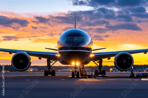 A jetliner being refuelled at dawn, preparing for a long international flight