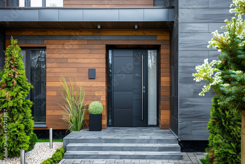 A large house with a black front door and a black doorbell