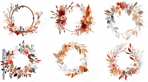 Watercolor Floral Wreaths for Autumn Wedding Invitations