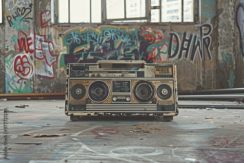 A vintage boombox sits in a room with graffiti on the walls, generative ai image