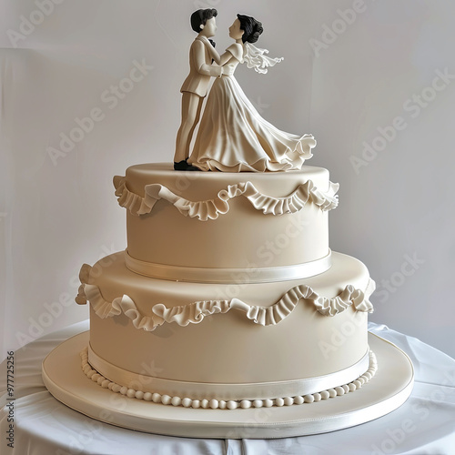 A two tier skin wedding cake, with plain design smooth surface with a scallop pipping boarder along the bottom base which deviates to form a simple rectangle door frame and then back