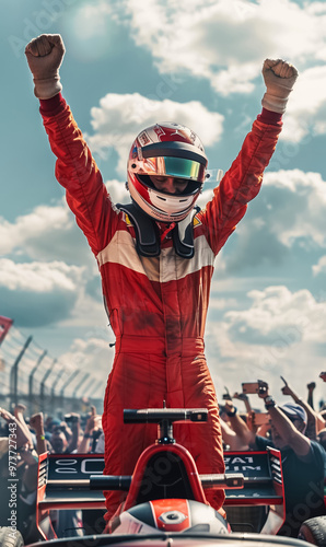 professional formula 1 racing driver pilot in red uniform and helmet celebrating victory, motorsport winner celebrate