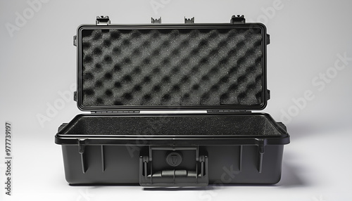 Open black plastic case with foam inside. Weapon case isolate on white background