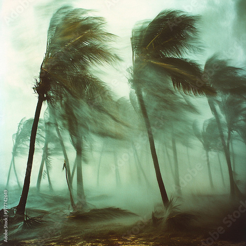 Bending palm trees sway dramatically in gale force winds during tropical storm, showcasing natures raw power and beauty. scene evokes sense of awe and intensity