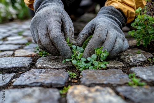 Extreme close-up of gloved hands gently removing weeds from between paving stones