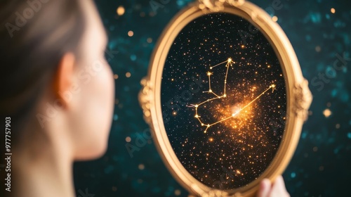 Person gazing into a mirror that reflects a zodiac constellation, self-reflection and destiny