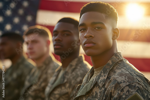 Group of diverse soldiers standing in front of an american flag at sunset