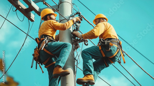 Two utility workers wearing safety gear and helmets climb a utility pole to perform maintenance and repair work on overhead power lines against a clear blue sky.