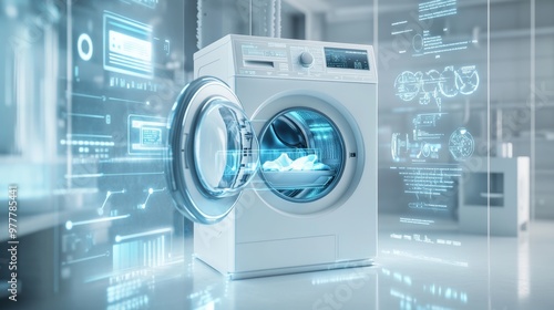 Futuristic product photography open washing machine surrounded by holographic data visualizations