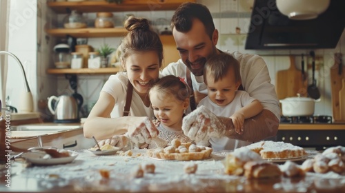 A joyful family engages in a delightful baking activity alongside their child, crafting sweet memories together