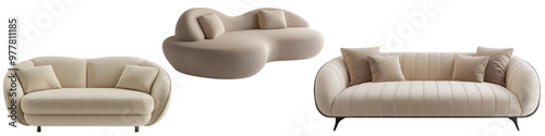 Beige upholstered sofa set, modern minimalism style. Transparent cut-out background, png.