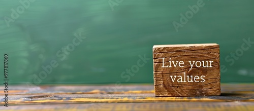 Message Live your values inscribed on a wooden block against a green background Conceptual symbol for living your values Copyspace