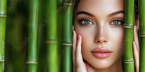 Serene expression captured as a woman caresses her face against the backdrop of verdant bamboo